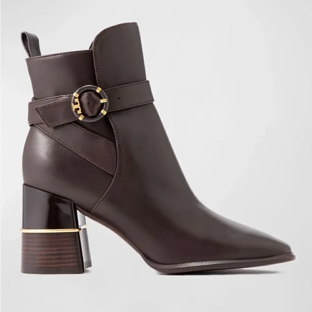 Tory Burch Women Multi Logo Buckle Brown Leather Ankle Boot size 9